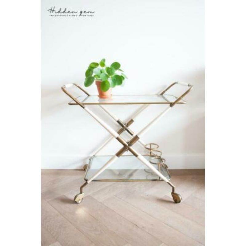 Vintage retro serveerwagen bar cart trolley messing wit