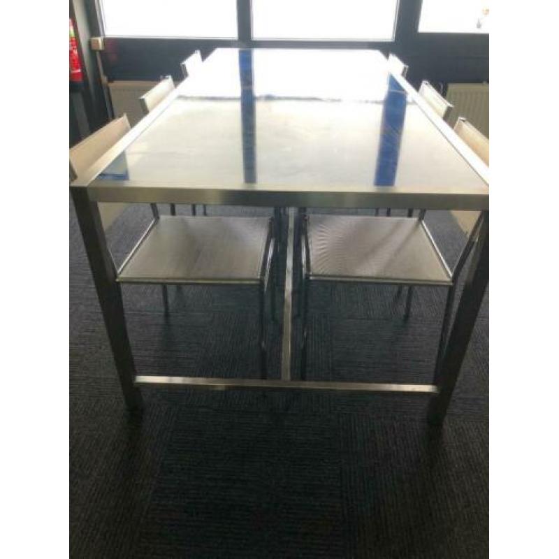 RVS TAFEL met fullcolour blad inclusief 6 STOELEN