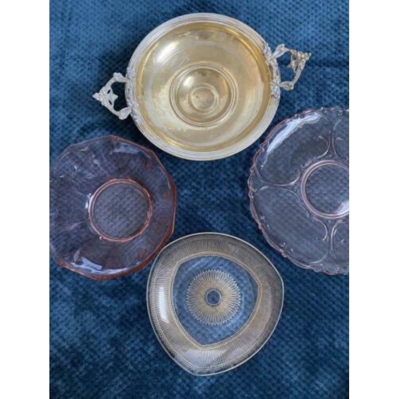 Schaal salade roze persglas chips vintage glas glazen