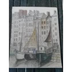 Franse Vintage tekeningen uit '68 Honfleur , Dieppe