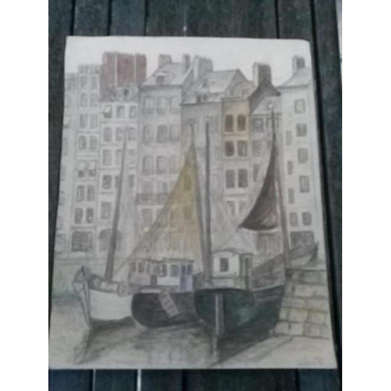 Franse Vintage tekeningen uit '68 Honfleur , Dieppe